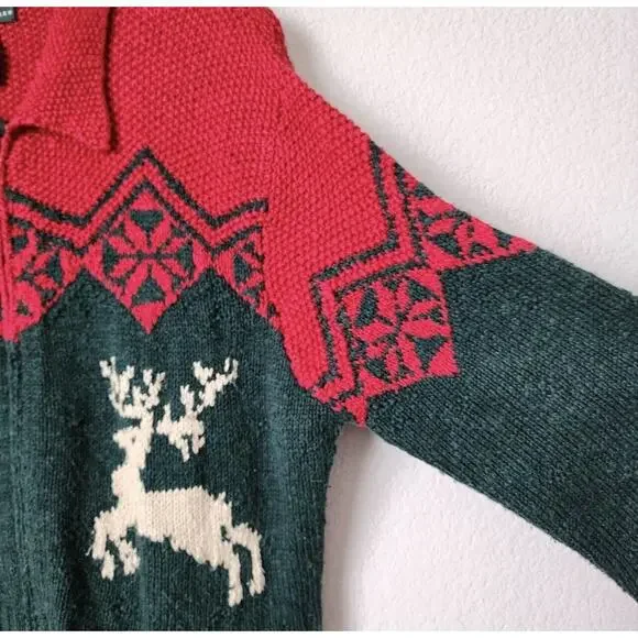 VTG Ralph Lauren Hand Knit Sweater Reindeer Silver Buttons M Linen Red Green - Picture 2 of 6